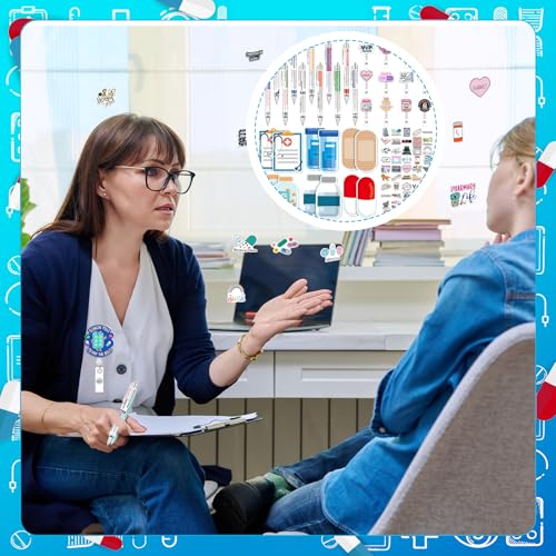 86 Pcs Pharmacy Week Gifts Include 12 Pharmacy Pens 12 Pharmacist Sticky Notes 12 Badge Reels 50 Cute Stickers for Pharmacist Gifts Set Nursing Week Doctor Medical Assistant Technician Clinic Supplies