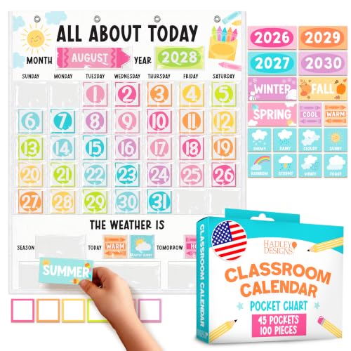 Colorful Pastel Classroom Calendar Pocket Chart with 45 Pockets - 24x29"