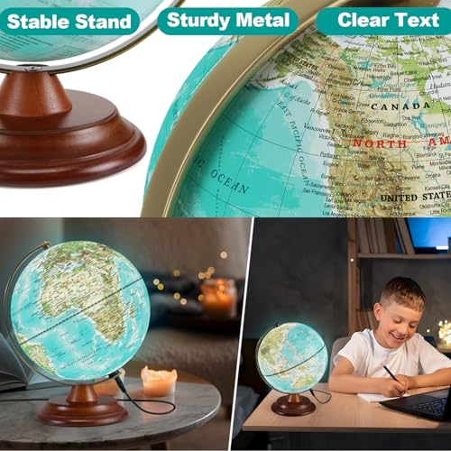 Illuminated Globe of the World with Wooden Stand, 8'' World Globe for Kids & Adults' Learning Built-in LED Night Light, Home Office Classroom Decor Geography Gifts(Elegant Turquoise)