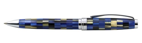 Xezo Urbanite Ballpoint Pen, Medium Point. Retro Blue, Black, and Cream Checkered Acrylic on Brass and Aluminium. Chrome Plated. Limited Edition and Serialized. No Two Alike
