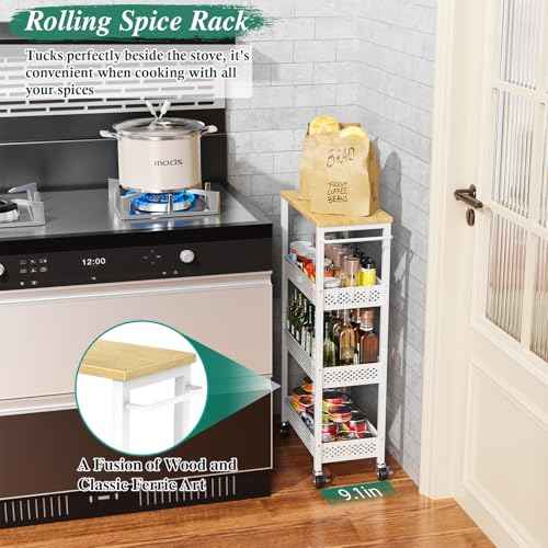 Utility Slim Storage Cart, 4-Tier Narrow Bathroom Organizers and Storage Cart, Narrow Metal Kitchen Laundry Room Organization Shelf with Wood Top, Slim Rolling Carts with Wheels for Small Space