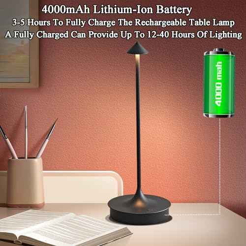 Cordless Table Lamps Rechargeable, LED Desk Lamp 4000mAh Battery Operated Outdoor Waterproof Portable Touch Dimmable Table Light for Patio/Restaurant/Bar/Indoor (Black-1PC)