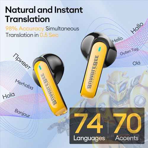 Transformers AI Translation Earbuds 3-in-1 Translator Earbuds Real Time 144 Language & Accents Translating Earbuds Bluetooth 5.4, Audifonos Traductores Ingl?s Espa?ol, TF-T01 Yellow Bumblebee