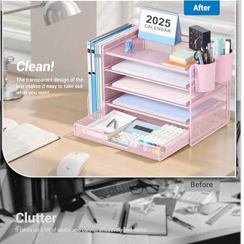 Desk Organizers and Accessories with File Holder, 5-Tier Office Desk Accessories & Workspace Desktop Organizer with Drawer and 2 Pen Holder, File Paper Organizer for Office Supplies(Pink)