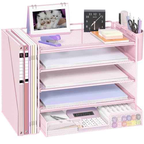 Desk Organizers and Accessories with File Holder, 5-Tier Office Desk Accessories & Workspace Desktop Organizer with Drawer and 2 Pen Holder, File Paper Organizer for Office Supplies(Pink)