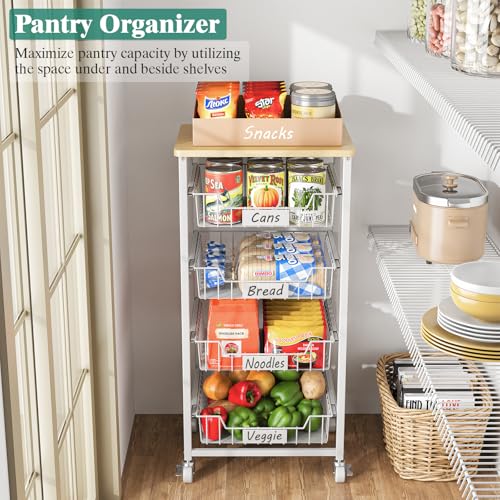 Fruit Vegetable Basket for Kitchen Pantry Storage Organizer, 5-Tier Metal Utility Kitchen Rolling Cart on Wheels with Drawer Rack and Wood Top for Potatoes Onions