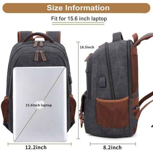 Canvas Travel Laptop Backpack for Men Women, business Work Rucksack College School Computer Bag Fits 15.6 Inch Laptop, Bookbag with USB Charging Port £¨Black£©