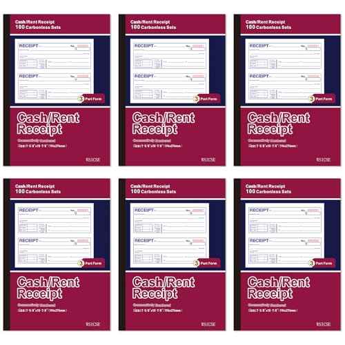 6 Pack Receipt Books,7-5/8" x 10-7/8" Receipt Book with Carbon Copies, 3-Part Carbonless (White,Yellow and Pink),100 Sets Per Book