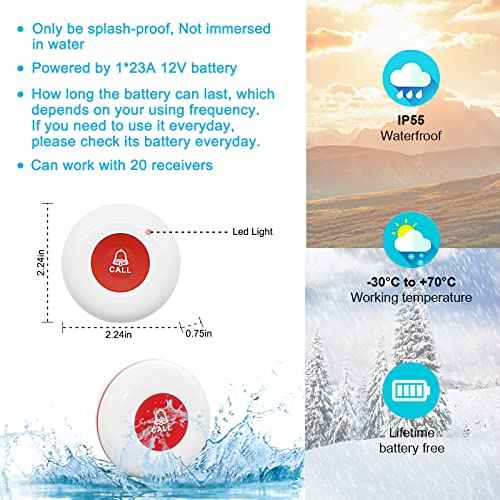 CallToU Wireless Caregiver Pager Waterproof Call Button Vibration Call Button for Elderly at Home Disabled Patient Elderly Monitoring Nurse Calling 2 SOS Call Buttons/Transmitters 500FT 2 Receivers