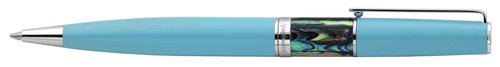 Xezo Speed Master Twist Action Medium Ballpoint Pen. Matte Sky Blue with Pāua Abalone Sea Shell. Chrome Plated. Lightweight Brass Body. No Two Alike. Etched With a Serial Number