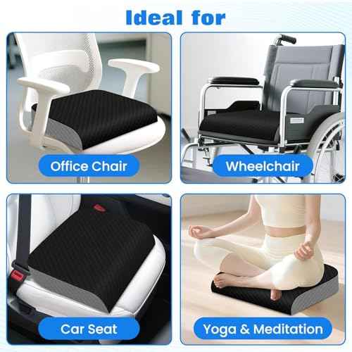 Seat Cushion, Memory Foam Chair Pad, Non-Slip Cushion for Office, Home, Car, Large Desk Chair Cushion, Washable Cover & Handle, Large, Black