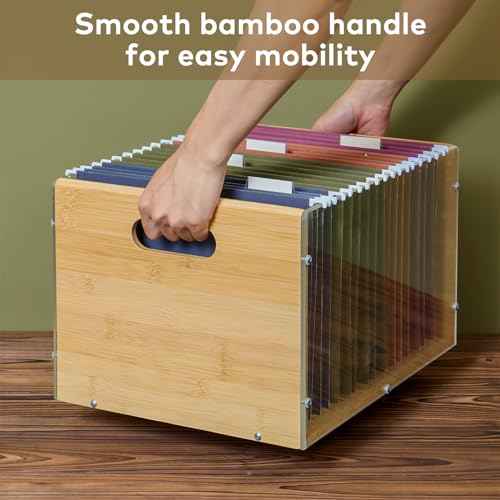 Letter/Legal Bamboo Acrylic File Box Organizer, Hanging File Folder Storage Boxes, Decorative Document Crate Transparent Filing Bin with Handle for Home Office Desk