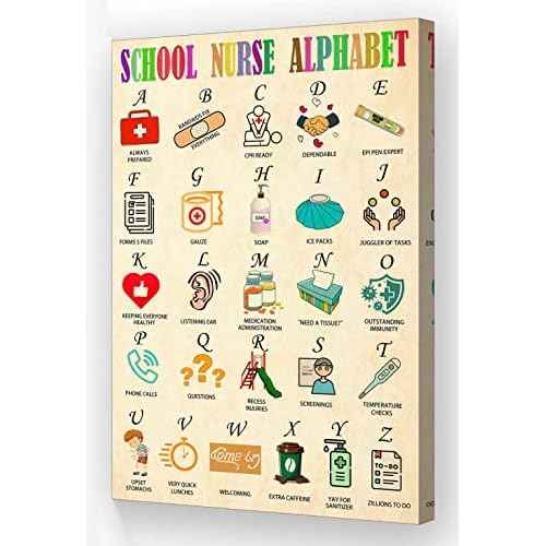 School Nurse Alphabet Poster Educational Wall Art Vintage Framed Pictures Canvas Wall Hanging Prints Health Knowledge Poster (16x24in,Framed)