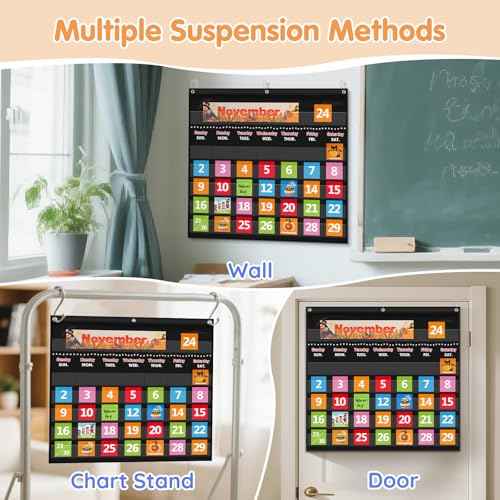 Classroom Calendar Pocket Chart with 88 Cards - Ideal for Homeschool, Classroom & Office, Durable Nylon Wall Hanging Calendar for Early Learning (Black)
