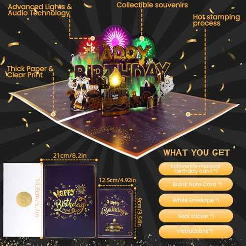 Musical Birthday Cards, Music & Firework Lights Birthday Card for Men, 3D Pop-up Blowable Candle Happy Birthday Card/Gift for Men, Women, Kids, Boys, Girls, Husband, Grandson
