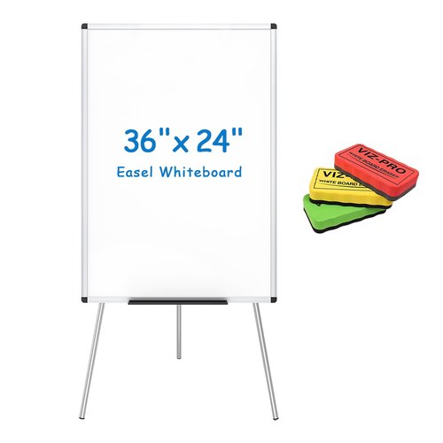 VIZ-PRO Magnetic Portable Easel Dry Erase Board, Flipchart Easel Stand Tripod Whiteboard, 24" W x 36" L, with 3 Colored Erasers