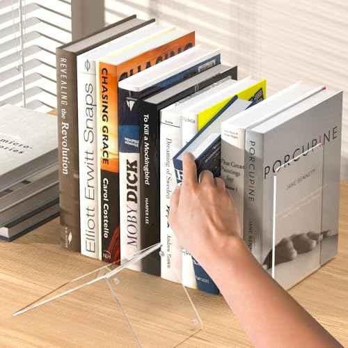 Acrylic Bookends 4 Pcs, Clear Book Ends for Shelves, Transparent Bookend Organizer, Book Holder Stand Decorative, Book Stoppers for Heavy Duty Books, CD, File, Video Games