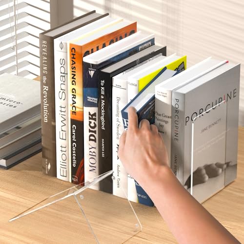 Clear Acrylic Bookends 4 Pcs - Sturdy L-Shaped Organizer for Shelves - Dooiclear