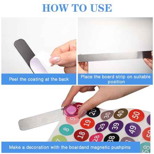 Frameless Magnetic Stainless Iron Board Strips, Adhesive Backing Bulletin Bar Board with 10 Pieces Colorful Magnet, Memo Strip for Office Home 4Pcs