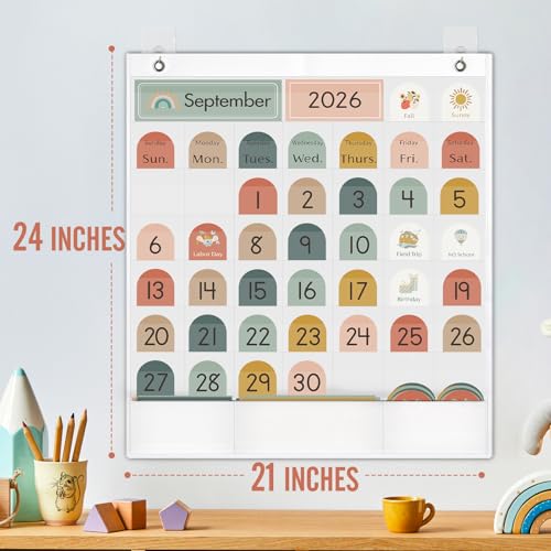 SCHOLOX White Classroom Monthly Calendar Pocket Chart with 130 Cards for Kids Learning