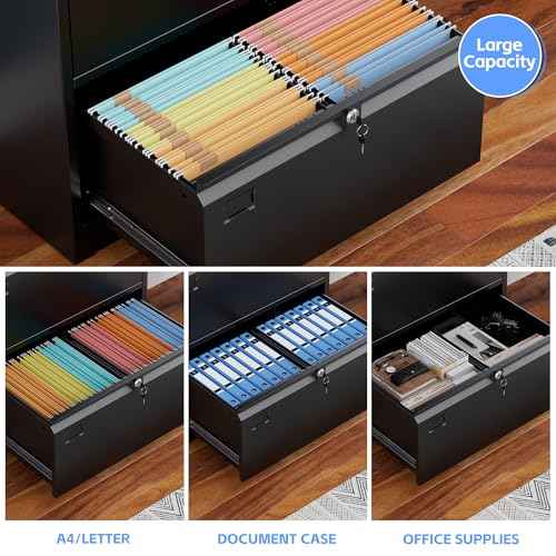 Aobabo 3 Drawer Wide Lateral File Cabinet, Metal Filing Cabinet with Lock, Suitable for Home Office School Hanging Files Letter/Legal/F4/A4 Size,Black,Required-Assembly,15.87" D x 28.94" W x 43.62" H