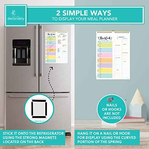 Decorably 52 Sheets Pastel Undated Weekly Meal Planner and Grocery List with Strong Magnets, 8.5x11in Spring-Bound Magnetic Meal Planning Notepad, Weekly Menu Planner Pad