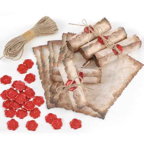 Vintage Writing Invitations Set Includes 100 Letter Antique Scroll Rustic Papers 100 Wax Seal Stickers 3 Strands of Twine for Valentines Mother Stationery Old Medieval Cardstock(8.5 x 11 Inch)