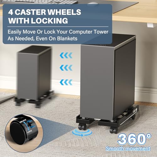 Hovadova Adjustable Computer Tower Stand with Wheels (Black) — Holds 7.78–11.41 in wide towers