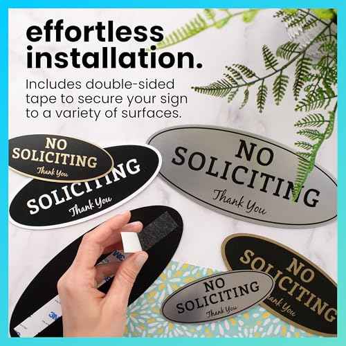 ExcelMark No Soliciting Sign for House or Business ? Durable Indoor/Outdoor Sign ? Easily Attach to Front Door - UV and Weather Resistant (Small - 2"x 5", Black with Gold Letters)