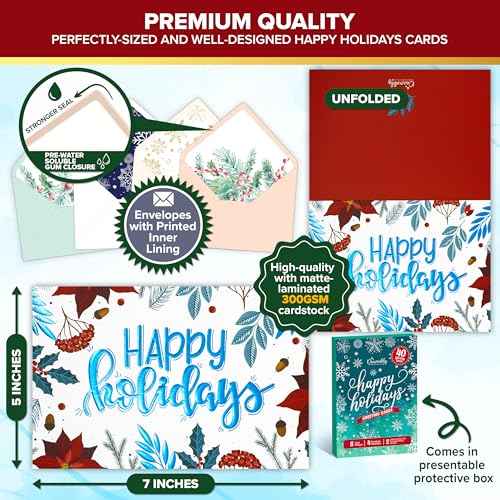 Decorably 40 Pack Foil Embossed 5x7in Assorted Holiday Cards Bulk with Envelopes and Stickers, 8 Elegant Designs Happy Holidays Cards with Envelopes, with Printed Message Inside