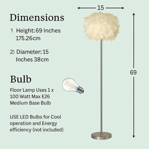 LIGHTACCENTS 69" Luxury Feather Floor Lamp with Chrome Base - Fluffy Cloud Standing Light for Living Room, Bedroom, Nursery, Vanity (White)
