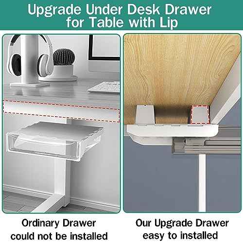 2 Pack Upgrade Under Desk Drawer for Table with Lip,Office Attachable Plastic Desktop Accessories & Workspace Organizers,Hidden Under Table Desk Storage Organizer Pencil Tray Drawer Slide Out