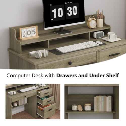 4 EVER WINNER Computer Desk with Drawers, Small Desk with Monitor Stand and File Drawer, Wood Desk with Storage, Writing Desk for Bedroom Home Offic, Grey