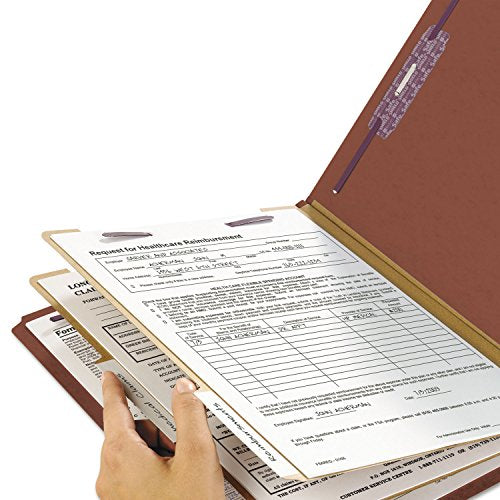 Smead 100% Recycled End Tab Pressboard Classification File Folder with SafeSHIELD Fasteners, 2 Dividers, 2" Expansion, Legal Size, Red, 10 per Box (29860)