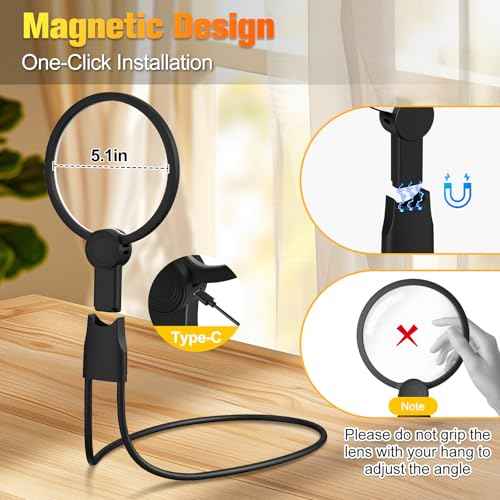 Hands Free Magnifying Glass with Light for Close Work, 5.5 Inch 5X Lighted Magnifying Glass, Neck Wear Magnifier for Reading Books, Sewing, Cross Stitch, Low Vision Seniors with Aging Eyes