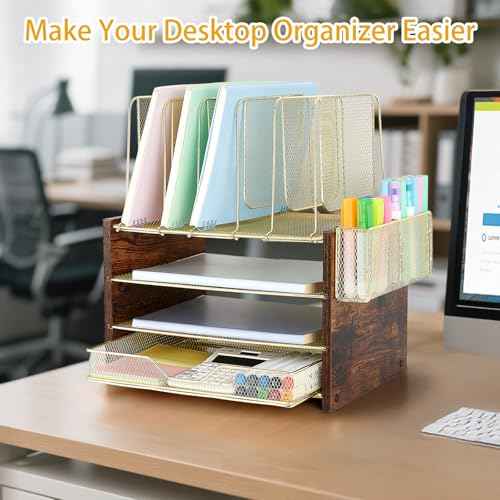 Gold Desk Organizers and Accessories,4-Tier Desktop File Organizer with Drawer, Wood Paper Organizer with 5 Vertical File Holders and Pen Holder for Office Supplies