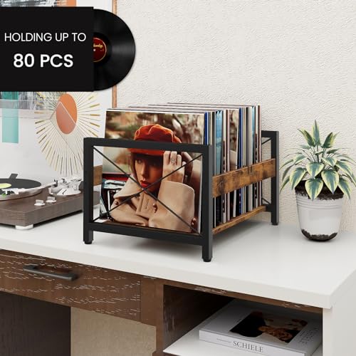 ELITEROO Vinyl Record Holder, Wooden Record Crate Fits 7¡± -12¡± Records, Vinyl Shelf Holds up to 50-100 Albums, DVDs, CDs or Files Wood Book Storage Stand Desktop Organizer Box, Rustic Brown