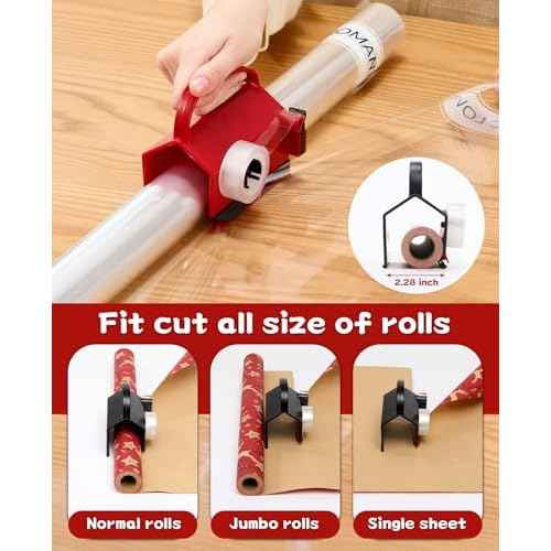 2 Pack Wrapping Paper Cutter & Tape Dispenser Dual Use, Gift Wrap Cutter Tool for Rolls Paper with 4 Tapes & 2 Replace Blades Kit for Christmas Birthday, Easy Cut for Present Wrapping