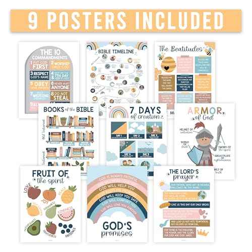 Hadley Designs Sunday School Decorations for Classroom ? 9 Bible Posters for Kids, 11x14in Books of the Bible Poster, 10 Commandments, Fruits of the Spirit & More ? Boho Christian Classroom Decor