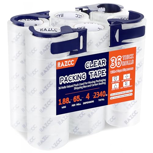 RAZCC Heavy Duty Packing Tape 36 Rolls 1.88" x 65 Yards Clear Dispenser Set