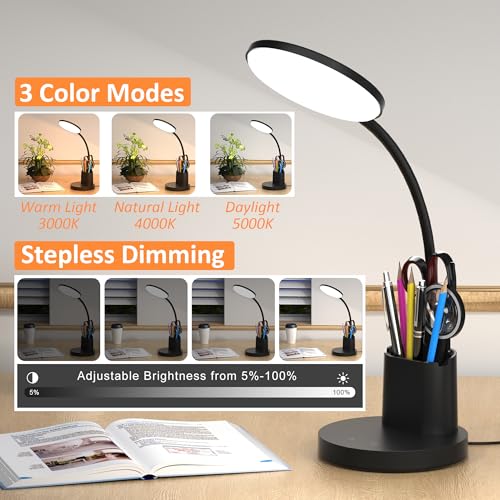 Vicsoon Black LED Desk Lamp with Pen & Phone Holder, Dimmable Multi-Color