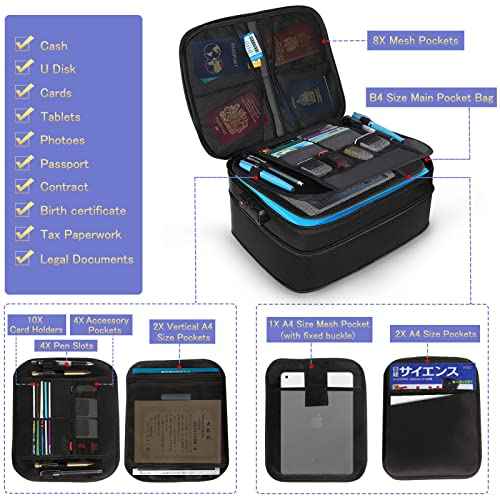 Fire Proof File Box for documents with 3x capacity expansion, Fireproof 3-Layer File Organizer Case with lock, Valubles Safe Portable Travel Home Organizer Bag for Laptop,Files,Certificates, Black