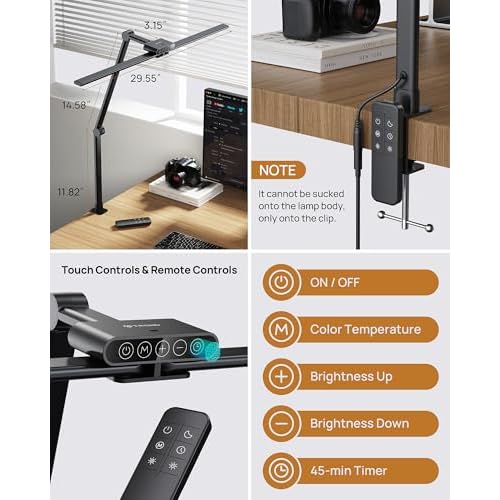 TROND LED Desk Lamp with Clamp, 29.55'' Tall Desk Light with Remote, 1500LM Bright Table Lamp, Swing Arm Clip on Light, Eye-Caring, Touch Control Dimmable for Home Office Monitor Reading Study Task