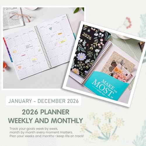 2026 Planner - Planner 2026 Weekly and Monthly, Jan.2026 - Dec.2026, 9" x 11", Weekly Monthly Planner 2026 with Colorful Tabs, Twin-wire Binding, Back Pocket - Black