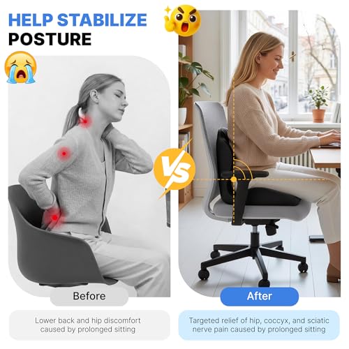 CHANCEE Black Ergonomic L-Shaped Seat Cushion with Lumbar Support for Office Chairs