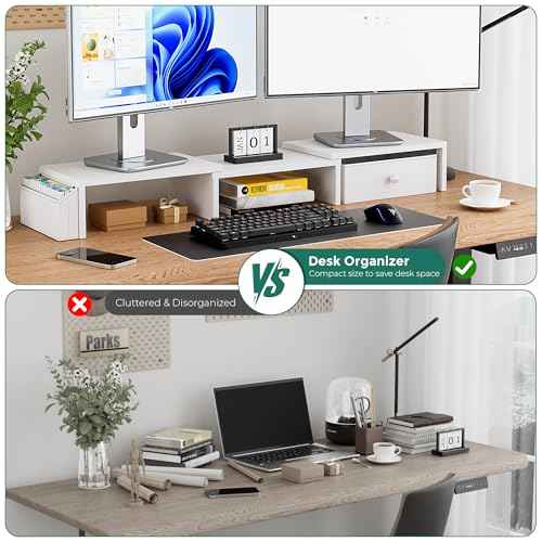 Dual Monitor Stand Riser, Adjustable Length & Swivel Angle Monitor Stand, Ergonomic Monitor Stand with Drawer & Side Pockets, Desktop Organizer and Office Desk Accessories, White