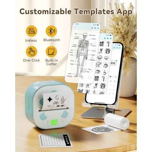 Sticker Printer, PrintPods Mini Printer, Bluetooth Portable Sticker Maker with 3 Rolls Paper, Print Pod Inkless Thermal Printers for iphone, Impresora Port?til for Notes, Journal, DIY, Kids Gift