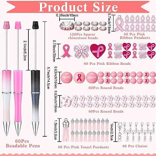 Colarr 60 Pcs Pink Ribbon Beadable Pen Breast Cancer Awareness Bulk Items Plastic Beadable Pens Breast Cancer Pens DIY Pens Making Kit DIY Beaded Pen for Students Women Girls Office School Supplies
