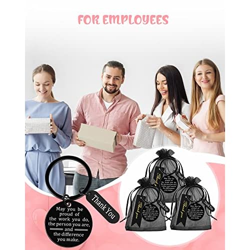 Yinkin 300 Pcs Employee Thank You Gifts Bulk Gifts for Coworkers Include 100 Inspirational Employee Appreciation Keychain Gifts 100 Organza Bags 100 Cards for Teacher Nurse Team(Black)