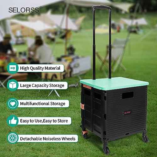 Rolling Crate Utility Cart Collapsible Tote Basket Teacher Cart with Lid Wear-Resistant Noiseless 360¡ÆRotate Wheel Telescoping Handle for Trave Moving Luggage Use(Green,110lbs)